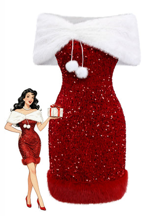 [Prévente] 2PCS robe bustier et châle en velours rouge à paillettess des années 70