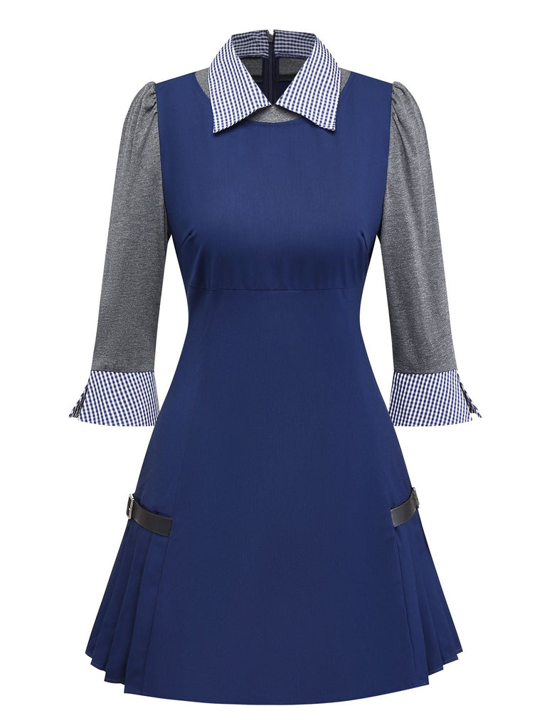 [Pré-vente] Robe plissée bleue à carreaux et revers années 1960