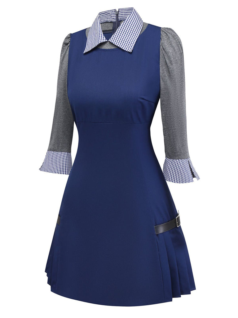 [Pré-vente] Robe plissée bleue à carreaux et revers années 1960