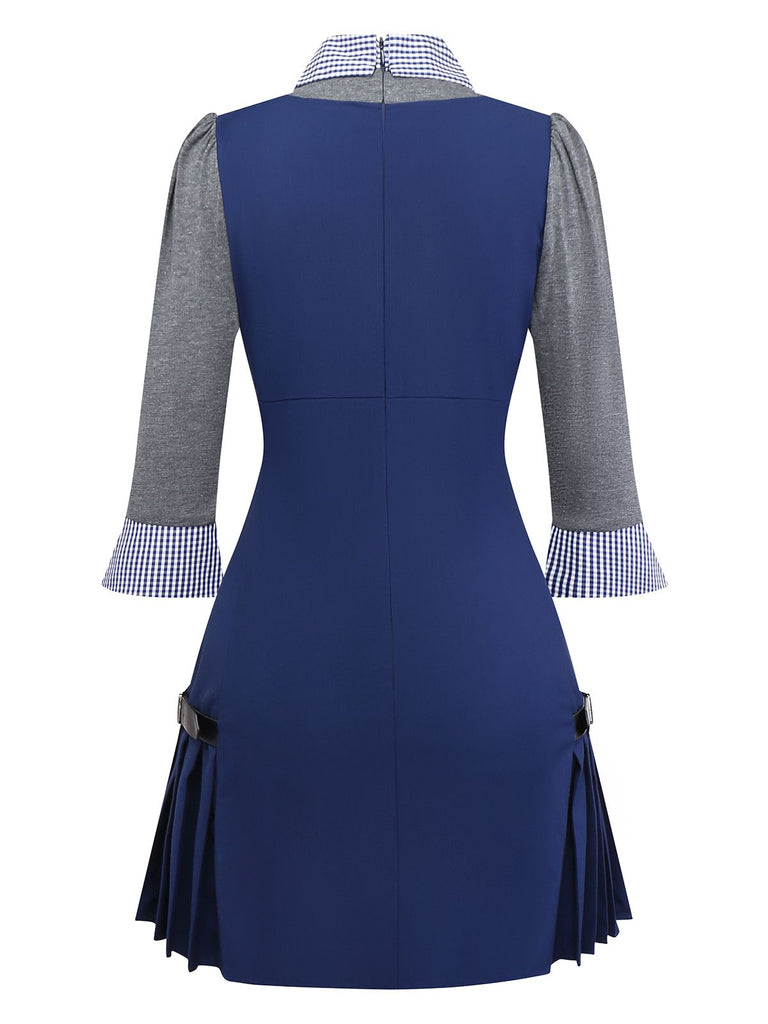 [Pré-vente] Robe plissée bleue à carreaux et revers années 1960