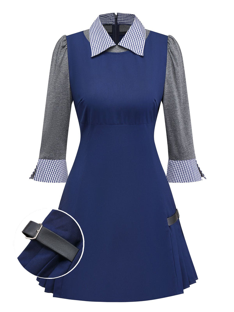 [Pré-vente] Robe plissée bleue à carreaux et revers années 1960