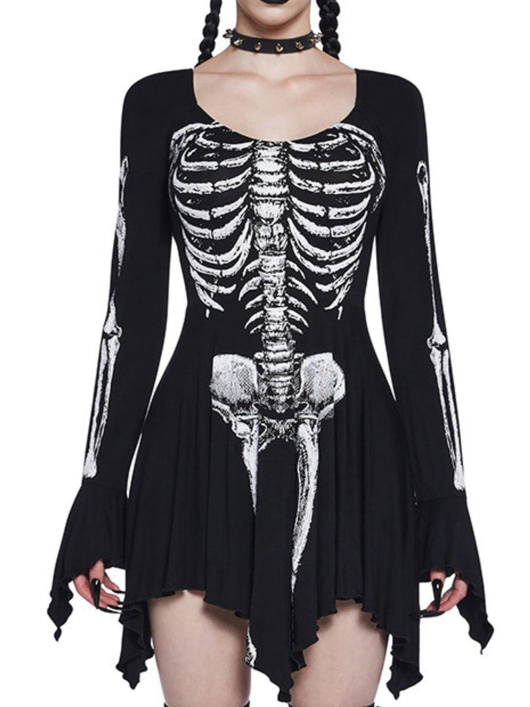 Mini-robe noire à imprimé tête de mort pour Halloween des années 1980