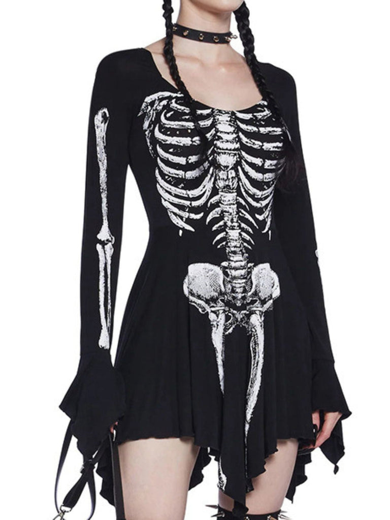 Mini-robe noire à imprimé tête de mort pour Halloween des années 1980