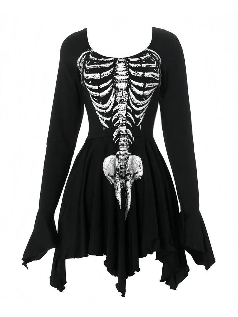 Mini-robe noire à imprimé tête de mort pour Halloween des années 1980
