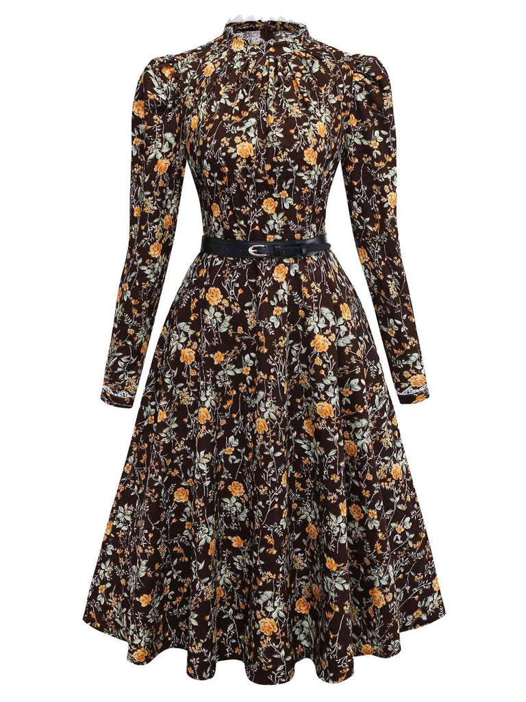 [Pré-vente] Robe en velours côtelé marron motif floral et dentelle des années 1980