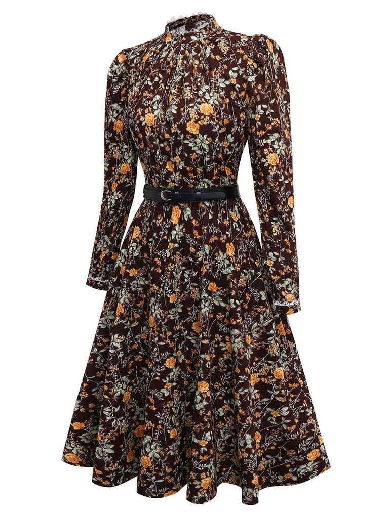 [Pré-vente] Robe en velours côtelé marron motif floral et dentelle des années 1980