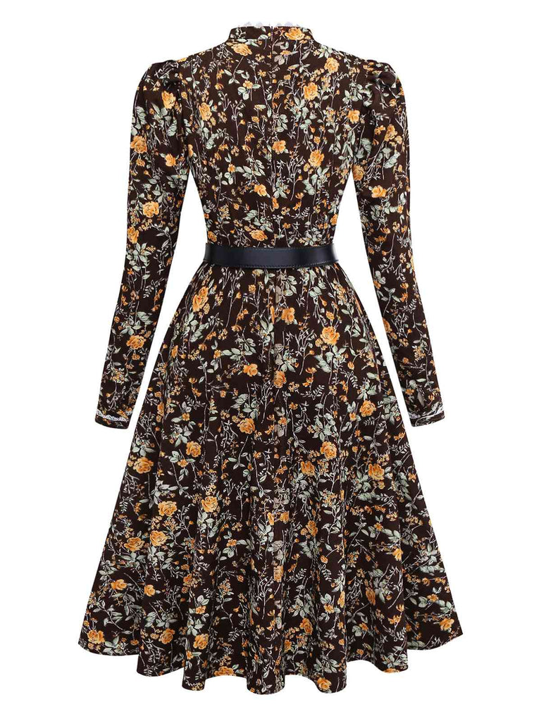 [Pré-vente] Robe en velours côtelé marron motif floral et dentelle des années 1980