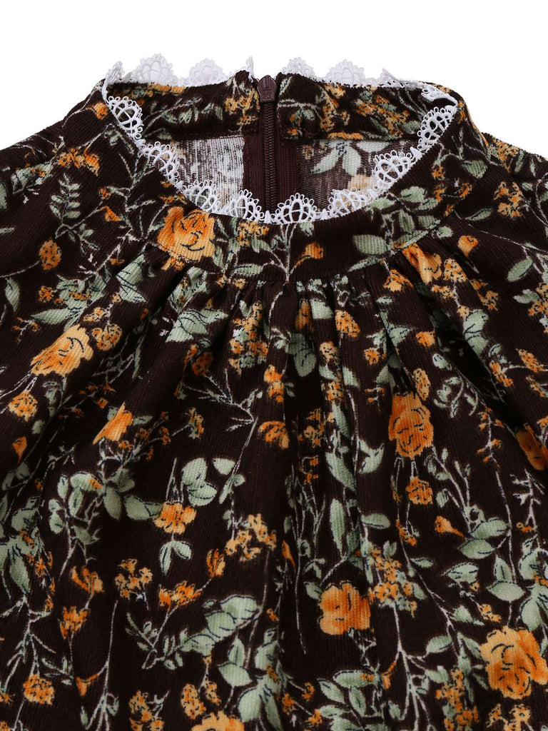 [Pré-vente] Robe en velours côtelé marron motif floral et dentelle des années 1980