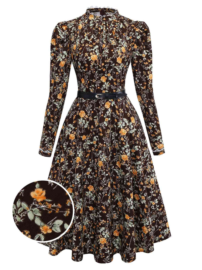 [Pré-vente] Robe en velours côtelé marron motif floral et dentelle des années 1980