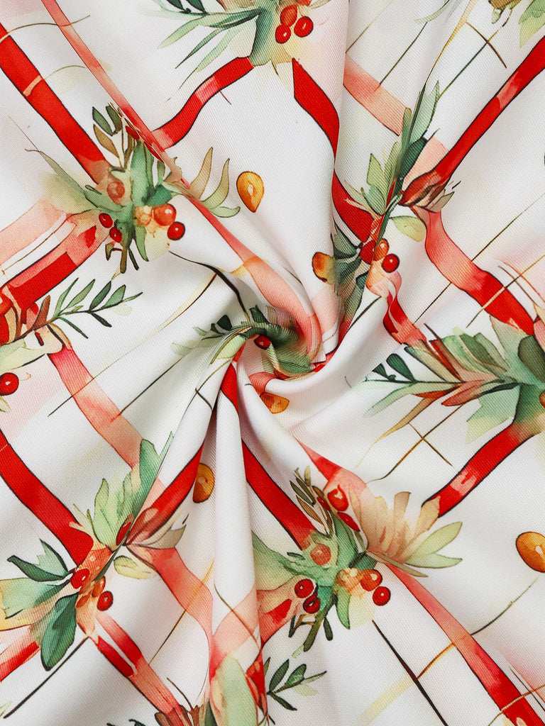 [Prévente] Robe verte à motif houx col en fourrure années 1950