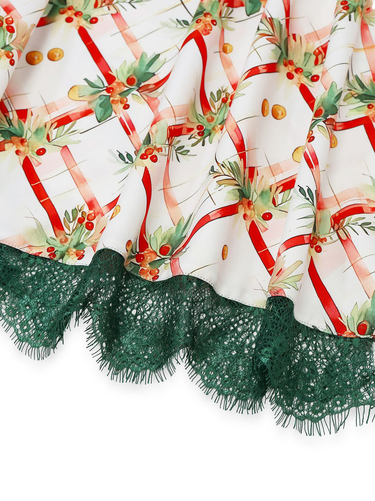 [Prévente] Robe verte à motif houx col en fourrure années 1950