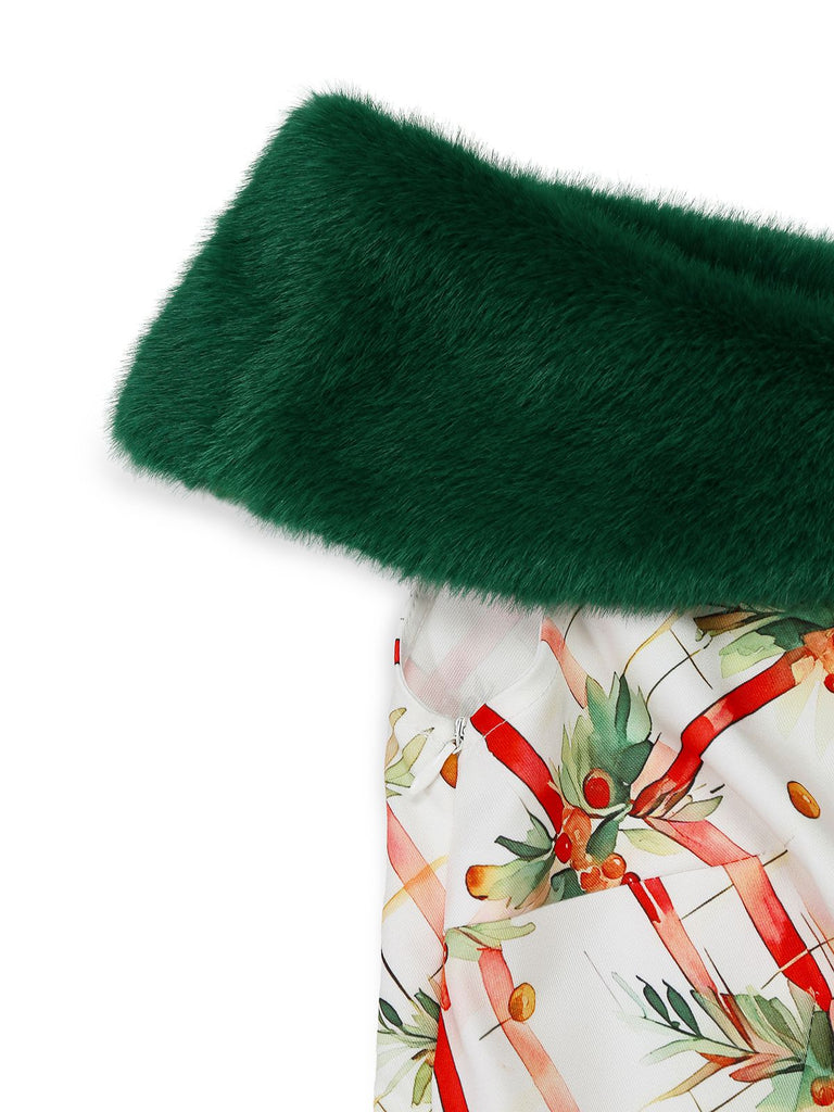 [Prévente] Robe verte à motif houx col en fourrure années 1950