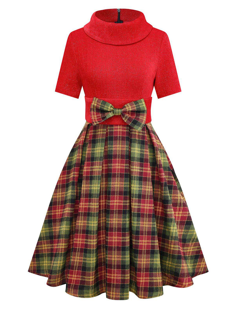 [Pré-vente] Robe en tricot rouge à carreaux col roulé de Noël et nœud des années 1950