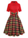 [Pré-vente] Robe en tricot rouge à carreaux col roulé de Noël et nœud des années 1950