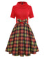 [Pré-vente] Robe en tricot rouge à carreaux col roulé de Noël et nœud des années 1950