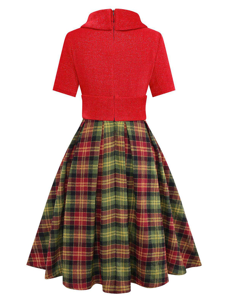 [Pré-vente] Robe en tricot rouge à carreaux col roulé de Noël et nœud des années 1950