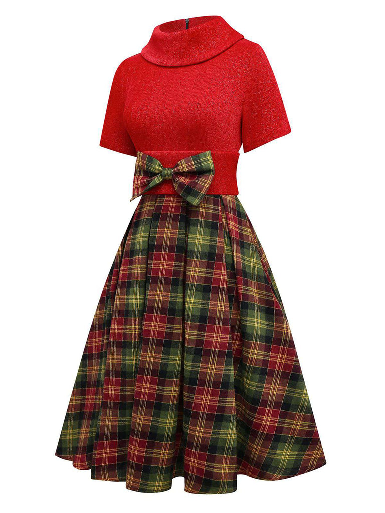 [Pré-vente] Robe en tricot rouge à carreaux col roulé de Noël et nœud des années 1950