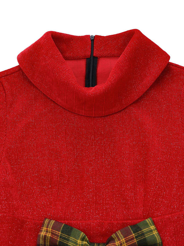 [Pré-vente] Robe en tricot rouge à carreaux col roulé de Noël et nœud des années 1950