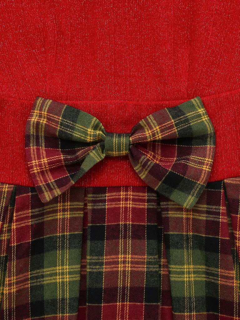 [Pré-vente] Robe en tricot rouge à carreaux col roulé de Noël et nœud des années 1950