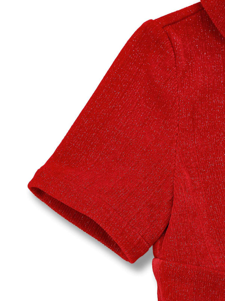 [Pré-vente] Robe en tricot rouge à carreaux col roulé de Noël et nœud des années 1950