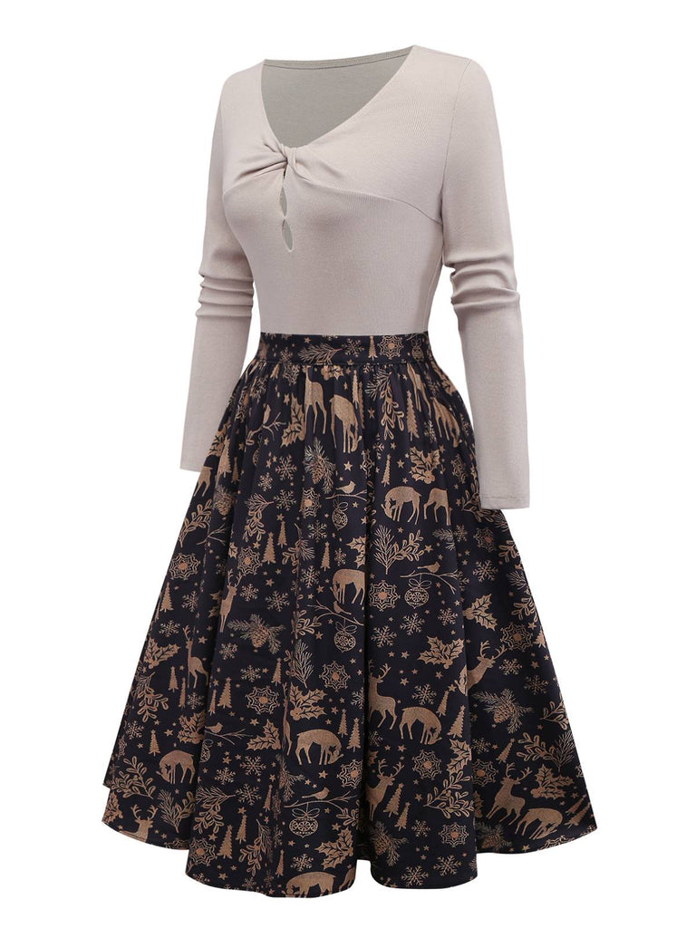 Pré-vente] Robe trapèze motif d'élan de Noël beige en maille torsadée des années 1950