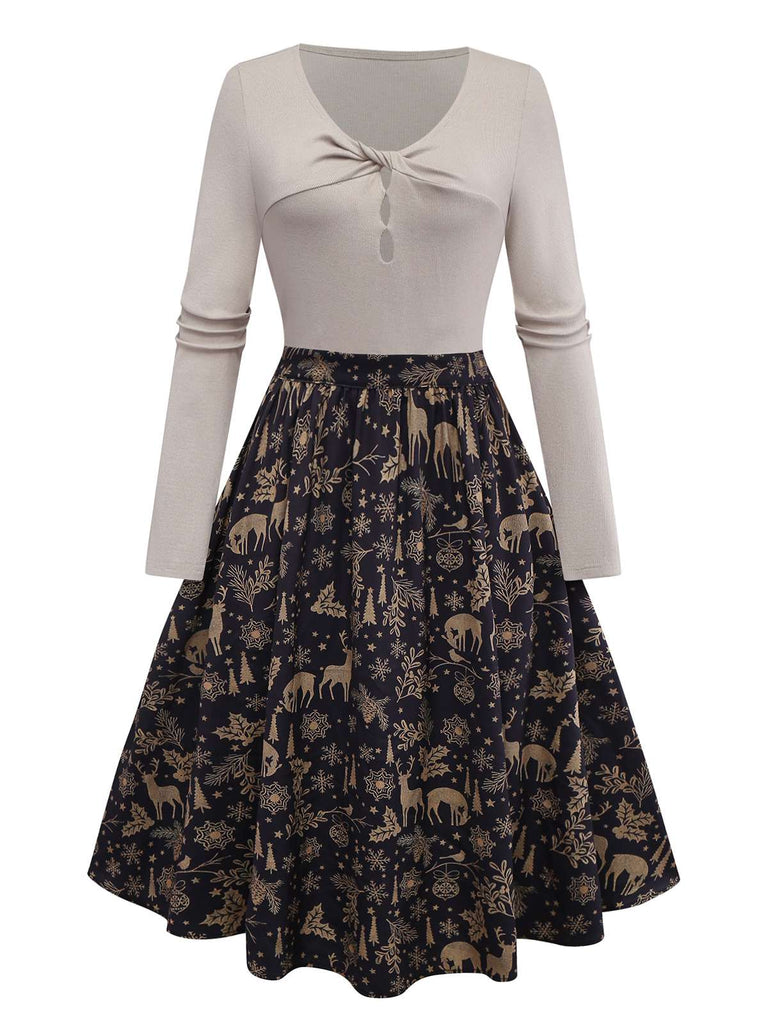 Pré-vente] Robe trapèze motif d'élan de Noël beige en maille torsadée des années 1950