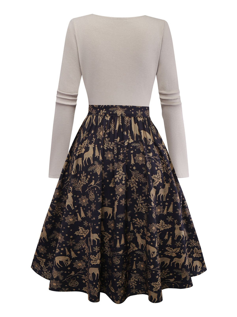 Pré-vente] Robe trapèze motif d'élan de Noël beige en maille torsadée des années 1950