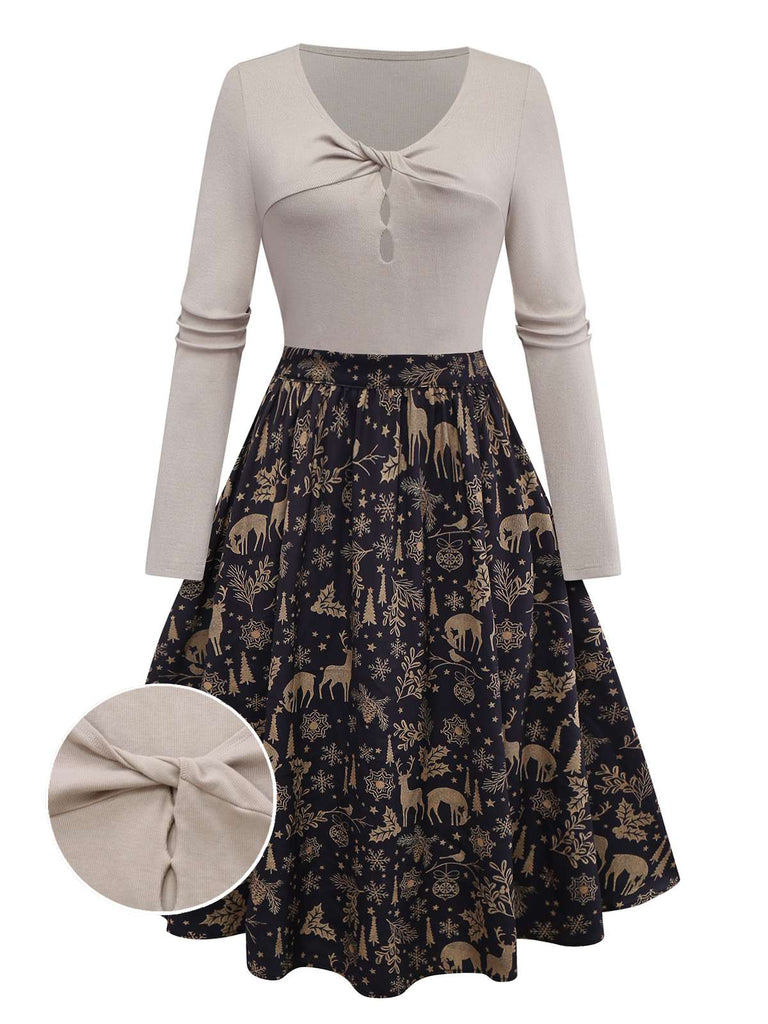 Pré-vente] Robe trapèze motif d'élan de Noël beige en maille torsadée des années 1950