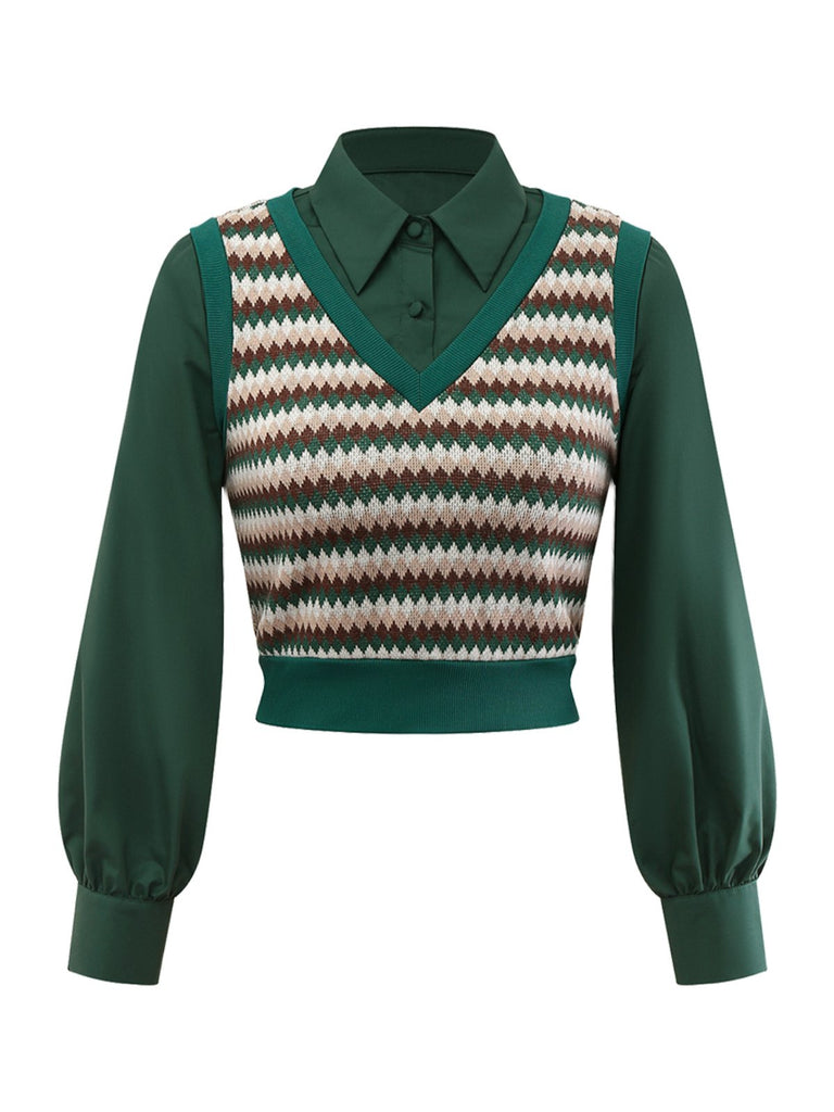 [Pré-vente] 2PCS Chemisier en tricot vert à carreaux et jupe années 1960