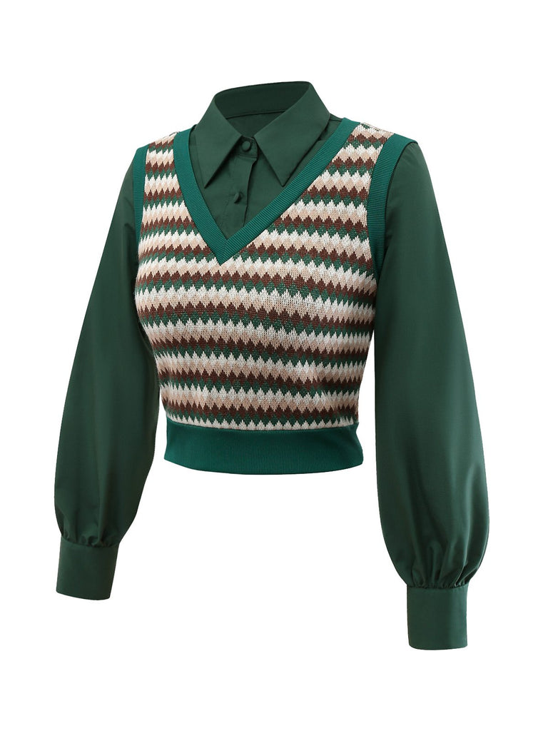 [Pré-vente] 2PCS Chemisier en tricot vert à carreaux et jupe années 1960