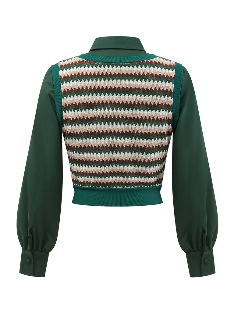 [Pré-vente] 2PCS Chemisier en tricot vert à carreaux et jupe années 1960