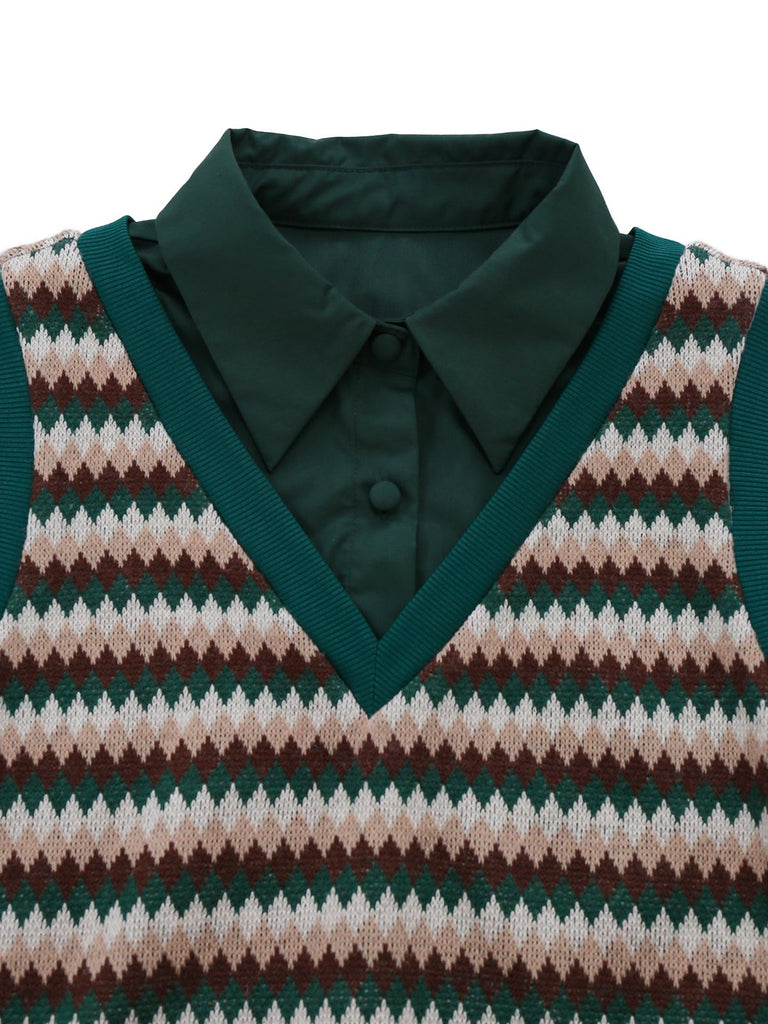 [Pré-vente] 2PCS Chemisier en tricot vert à carreaux et jupe années 1960