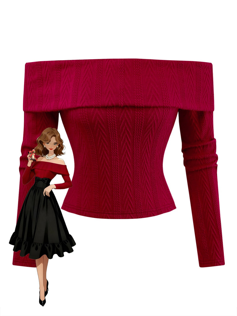 [Prévente] Pull tricoté rouge à épaules dénudées années 1950