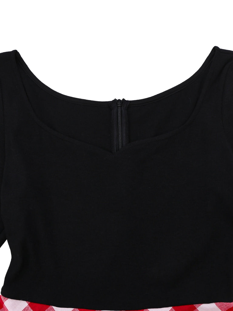 [Prévente] Robe rouge à carreaux en coton tricoté col cœur des années 1950