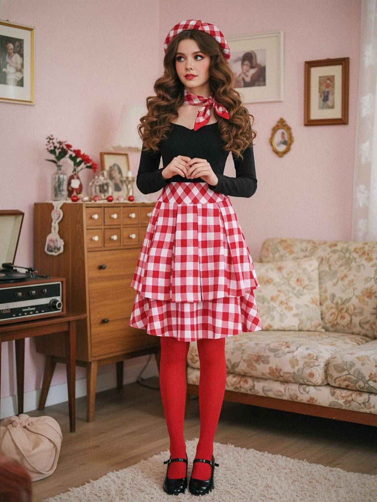 [Prévente] Robe rouge à carreaux en coton tricoté col cœur des années 1950