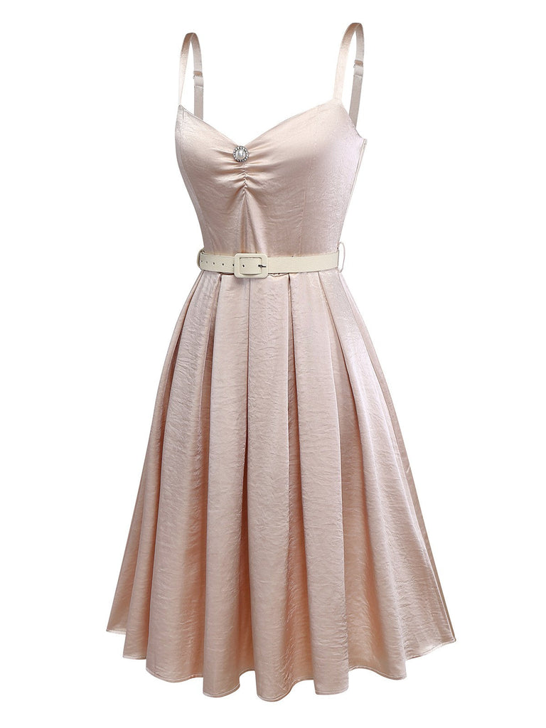 [Pré-vente] Robe plissée à la taille champagne en satin nacré années 1950