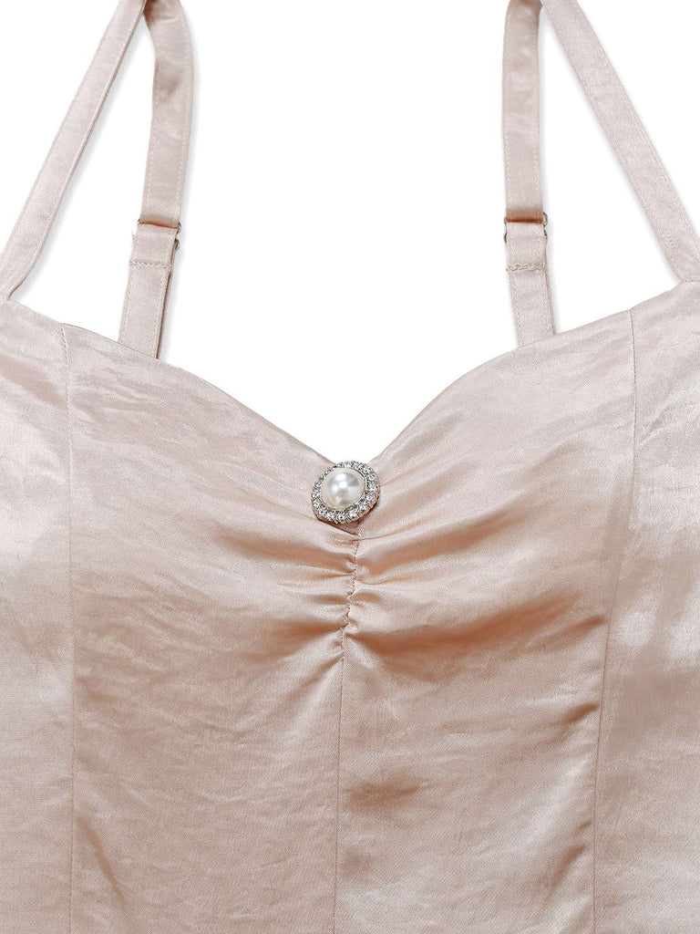 [Pré-vente] Robe plissée à la taille champagne en satin nacré années 1950