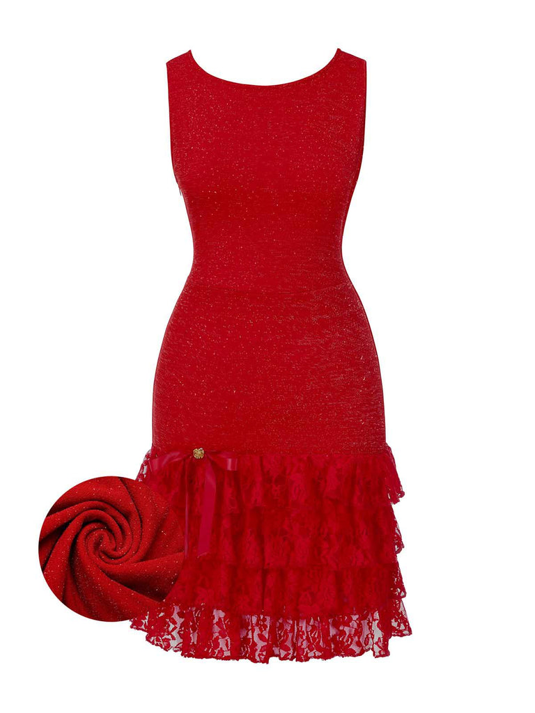 [Pré-vente] Robe de soirée rouge à volants col bateau en dentelle pailletée des années 1930