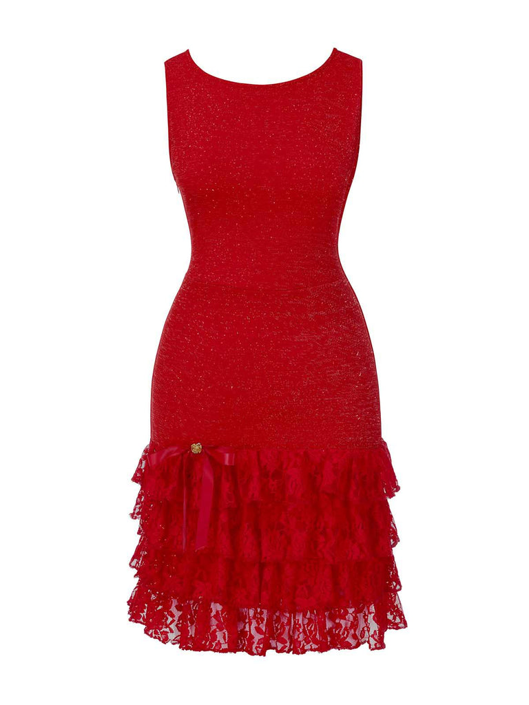 [Pré-vente] Robe de soirée rouge à volants col bateau en dentelle pailletée des années 1930
