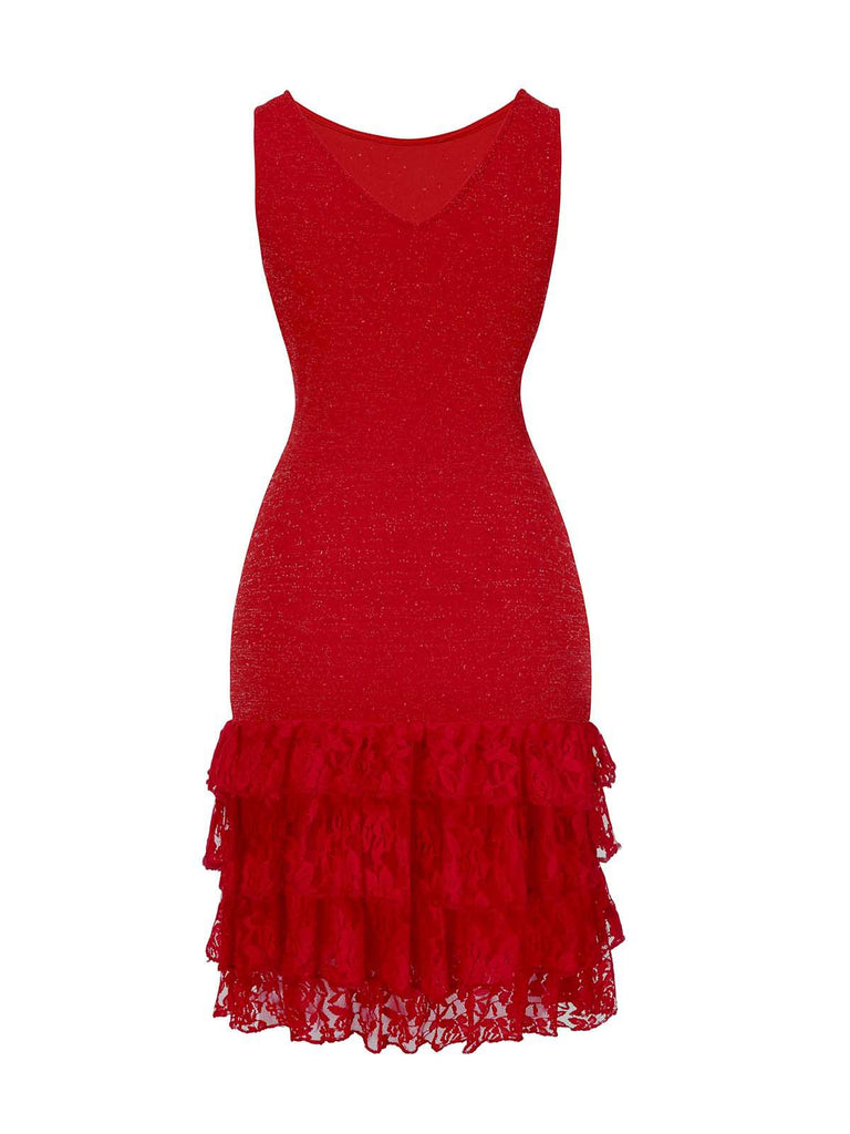 [Pré-vente] Robe de soirée rouge à volants col bateau en dentelle pailletée des années 1930