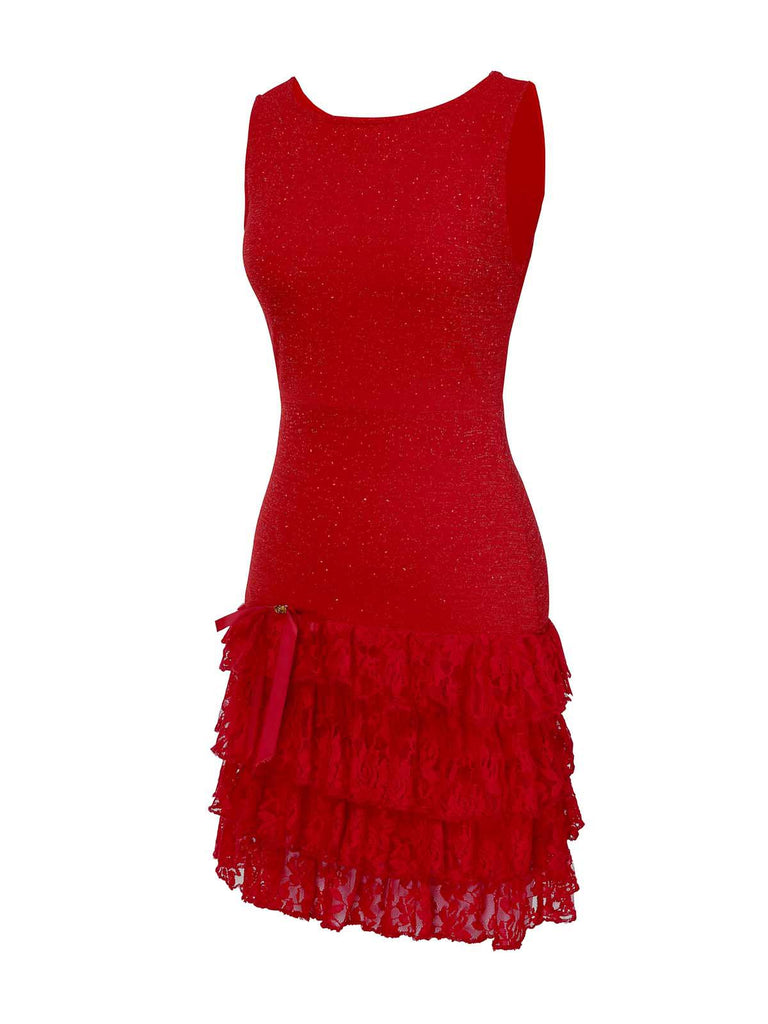 [Pré-vente] Robe de soirée rouge à volants col bateau en dentelle pailletée des années 1930