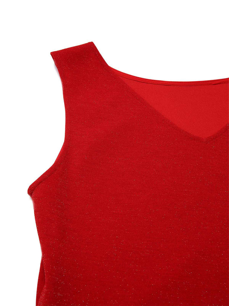 [Pré-vente] Robe de soirée rouge à volants col bateau en dentelle pailletée des années 1930