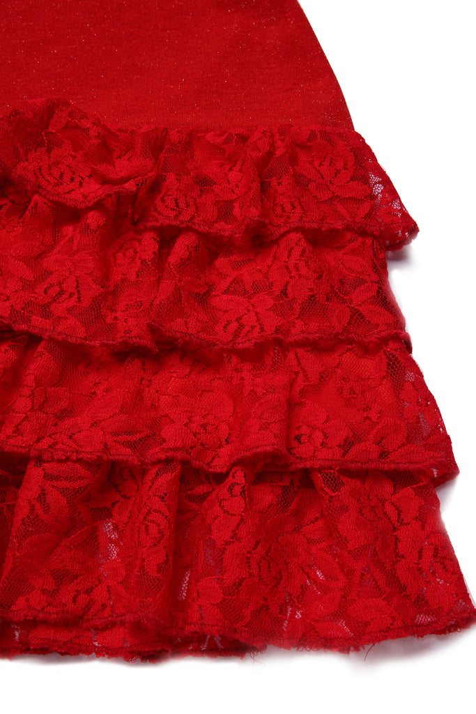 [Pré-vente] Robe de soirée rouge à volants col bateau en dentelle pailletée des années 1930