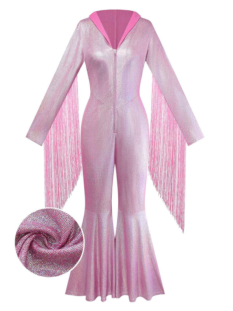 [Pré-vente] Combinaison à jambes larges rose à franges clignotantes années 1970