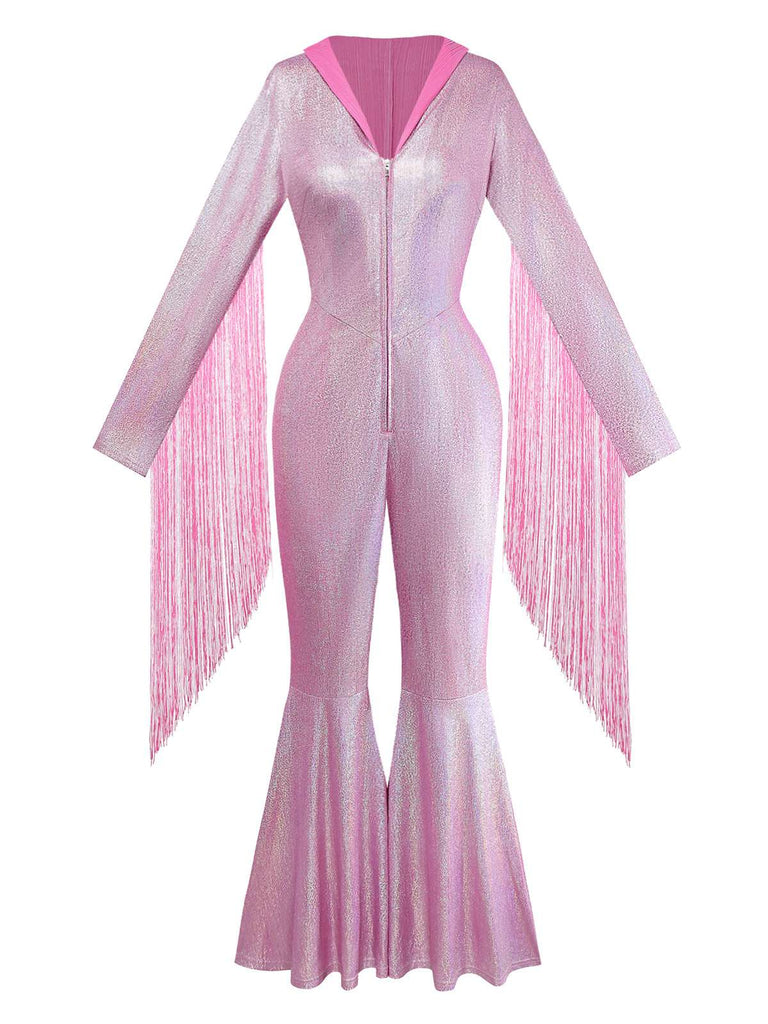 [Pré-vente] Combinaison à jambes larges rose à franges clignotantes années 1970
