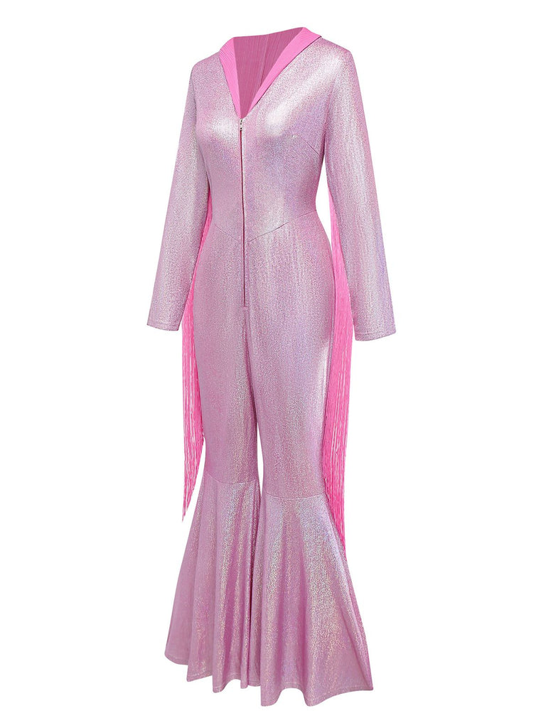 [Pré-vente] Combinaison à jambes larges rose à franges clignotantes années 1970