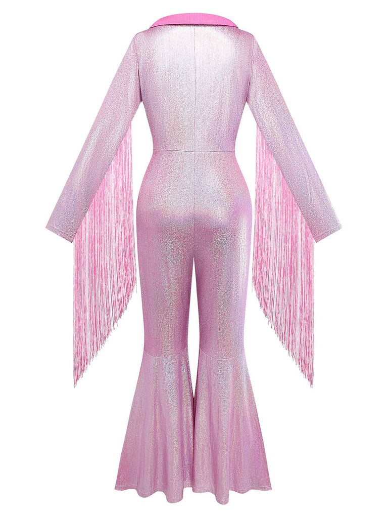 [Pré-vente] Combinaison à jambes larges rose à franges clignotantes années 1970