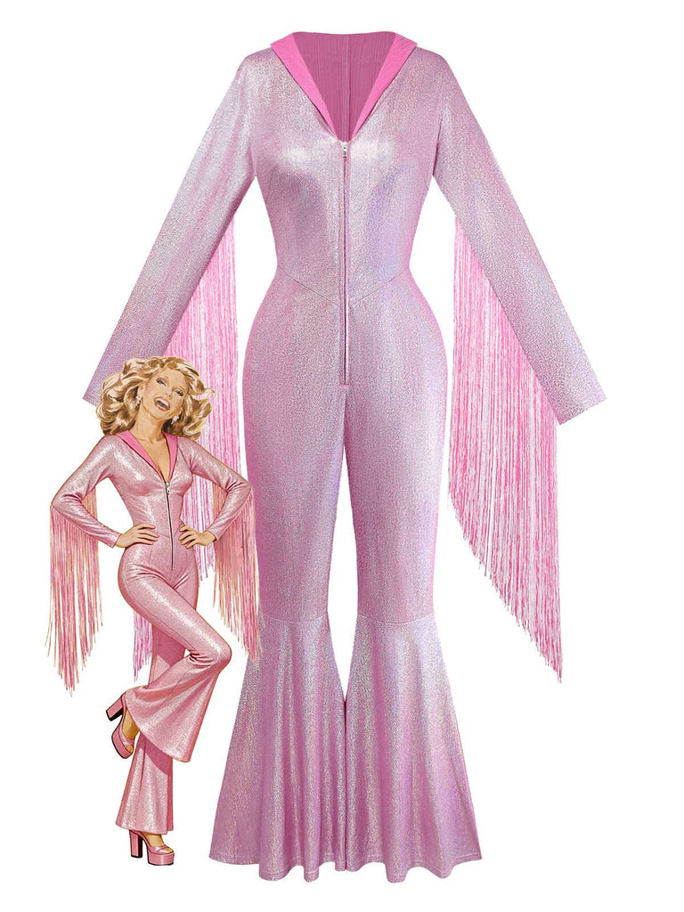 [Pré-vente] Combinaison à jambes larges rose à franges clignotantes années 1970