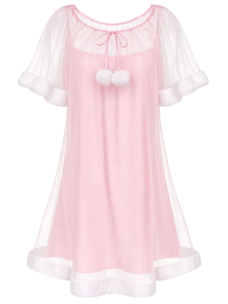 [Prévente] Chemise de nuit rose tulle volants peluche années 40