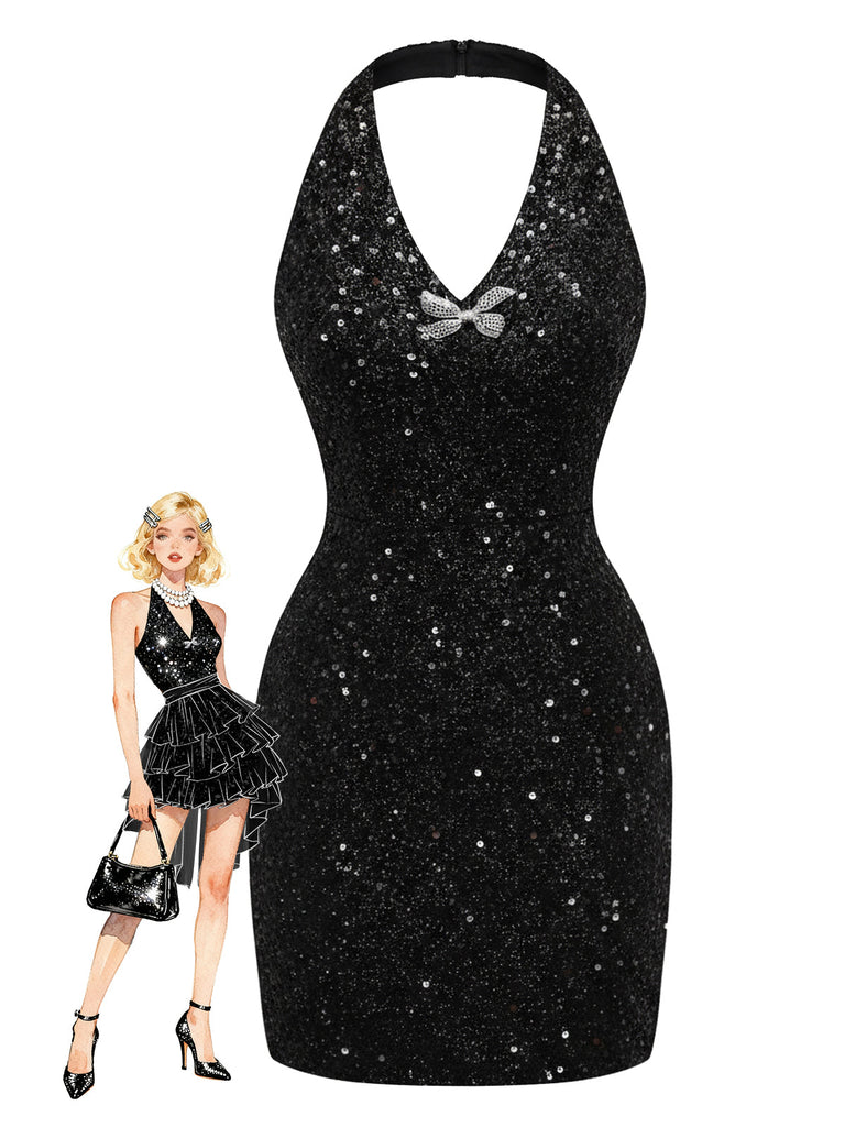 [Pré-vente] Robe crayon noire dos nu à paillettes et nœud des années 1960